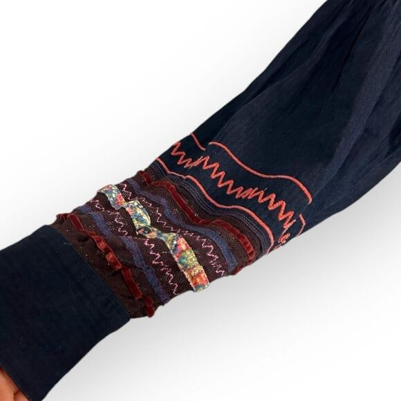 We the Free People Katie Denim Top Embroidered Peasant Tie Velvet & Mesh Trim M - Picture 8 of 13